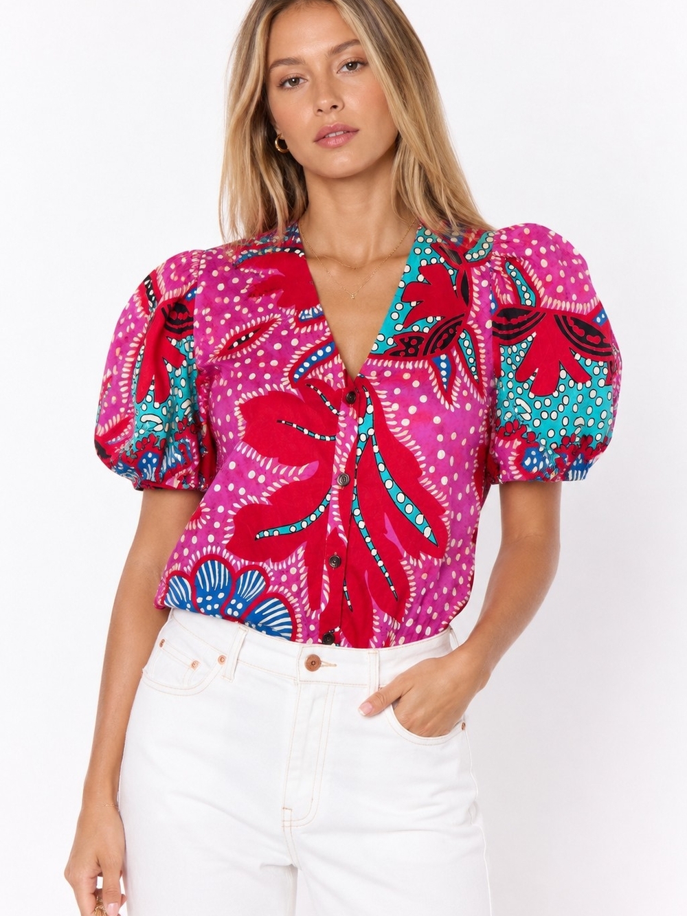 Rhode Nisha Top Red Psychedelic Flower Puff Sleeve Reversible 100% Cotton Size S